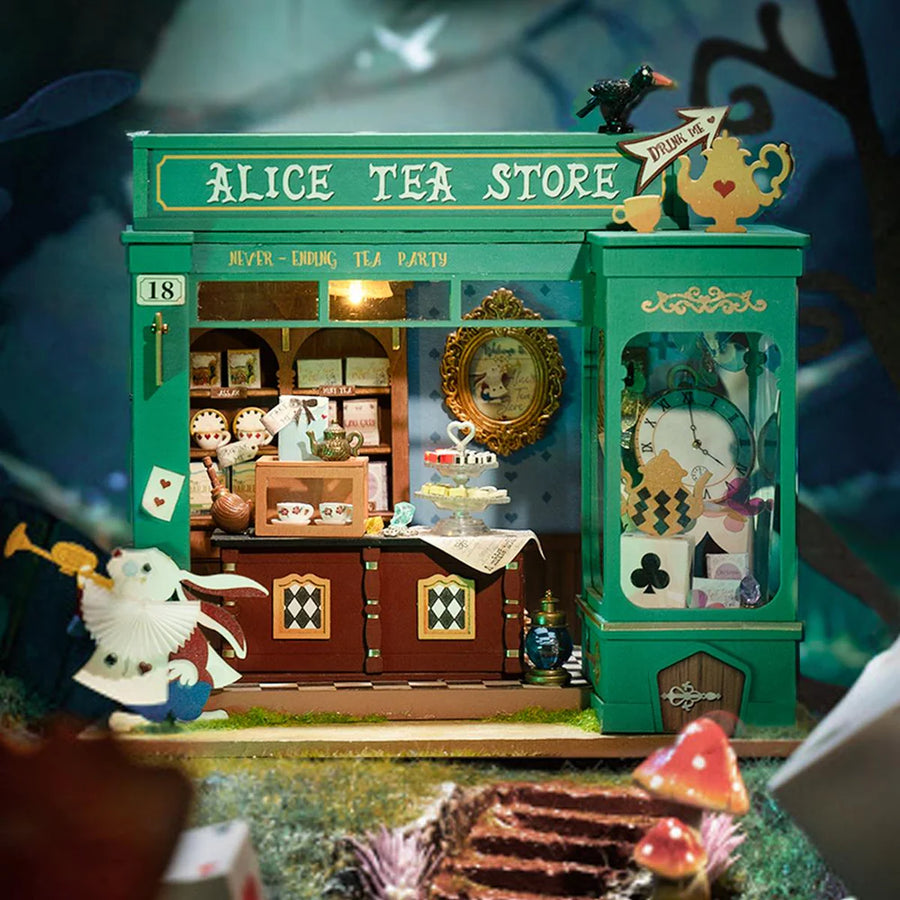 Alice's Tea Store – Kit Casetta in Miniatura Fai da Te con LED, 136 pezzi, ispirata ad Alice nel Paese delle Meraviglie